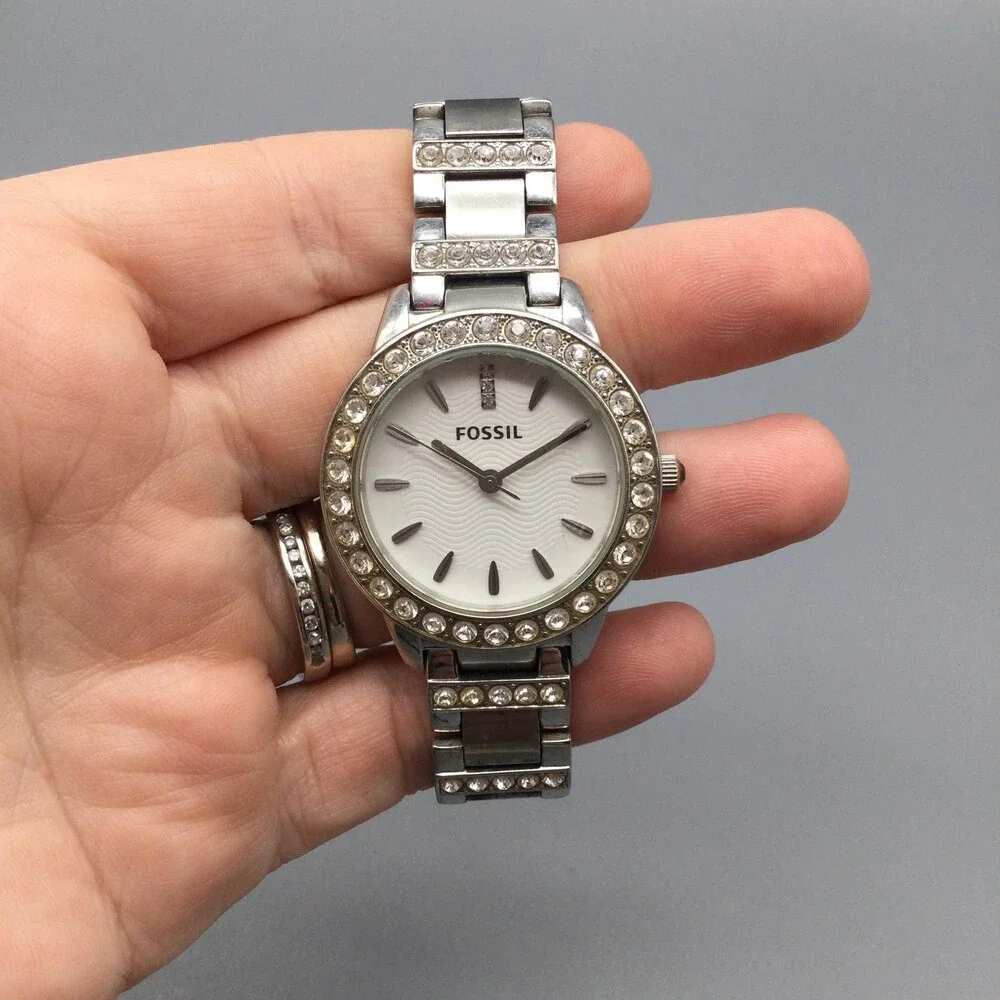 Fossil Womens Watch 34mm Silver Tone Crystals ES-3362 Steel New Battery 7
